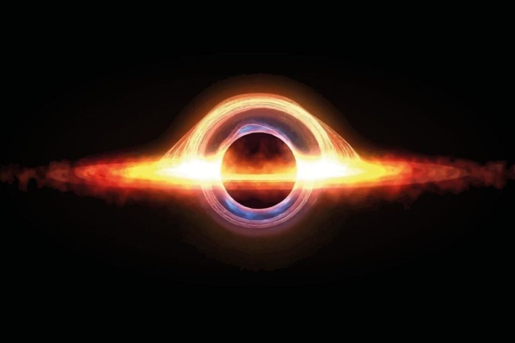 A sombra de um gigante. Esta ilustração mostra como a imensa gravidade de um buraco negro curva a luz ao seu redor, criando uma silhueta escura contra o brilho do gás. Foi assim que cientistas conseguiram a primeira imagem real de Sagittarius A*.