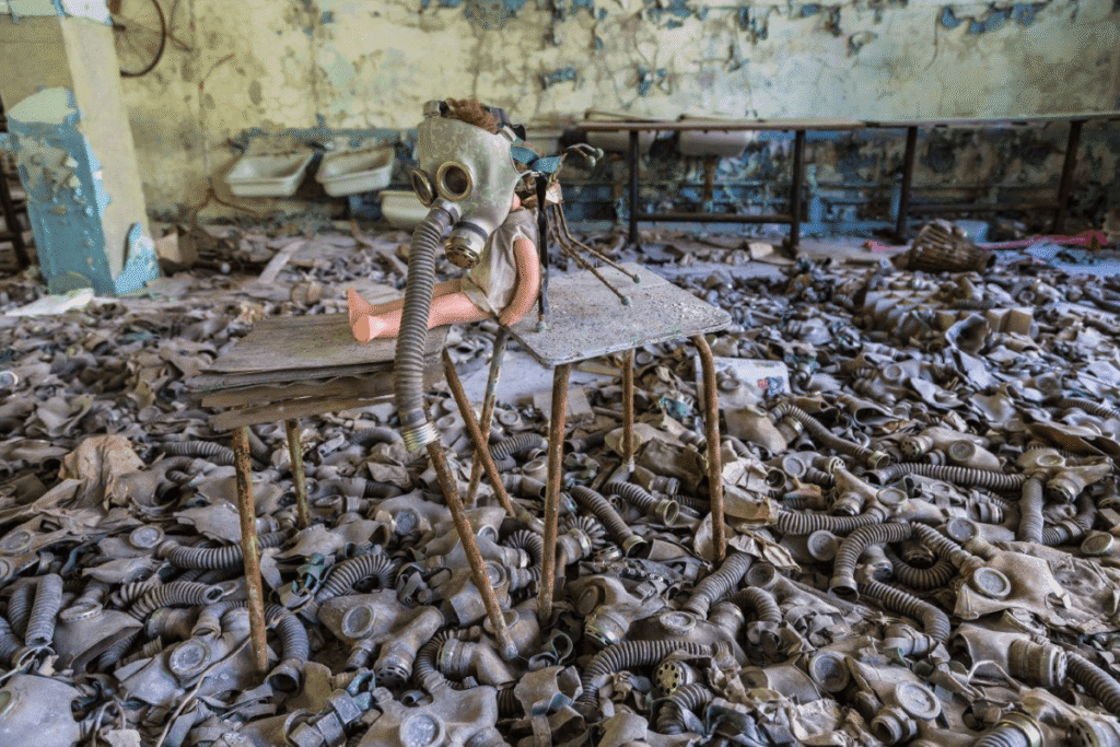 Uma boneca esquecida encontra um novo propósito em meio a centenas de máscaras de gás no chão de uma escola em Pripyat. Cada máscara é um eco da evacuação apressada e da infância que foi interrompida pelo desastre.