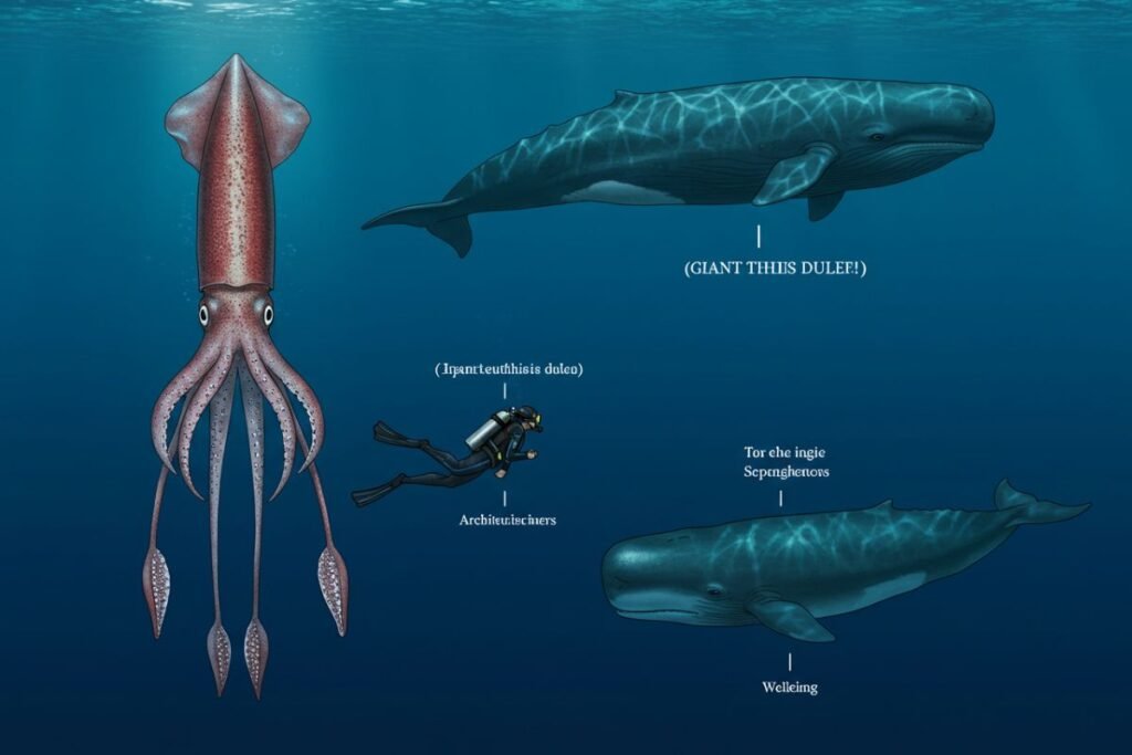 O verdadeiro 'monstro': a lula-gigante real, comparada em escala, revela a base científica por trás de uma das maiores lendas do oceano.