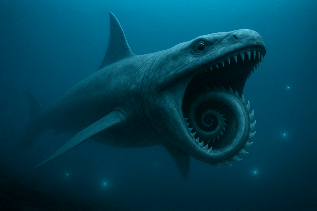 Os oceanos também tinham seus monstros. O Helicoprion, com sua mandíbula em forma de serra circular, é um dos predadores mais bizarros da história da vida.