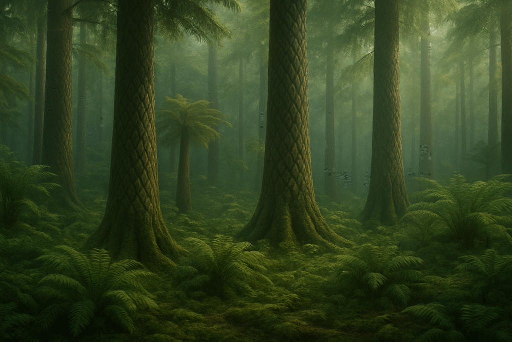 Um planeta verde, mas sem cores. As florestas do Carbonífero eram dominadas por samambaias e árvores gigantes, mas as flores ainda não haviam evoluído.