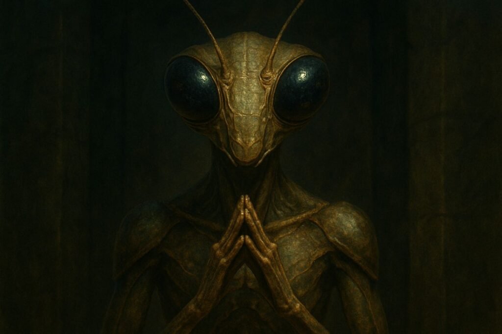 Com sua aparência de louva-a-deus, os Mantids são frequentemente descritos não como os executores, mas como a casta sacerdotal que supervisiona os Grays.