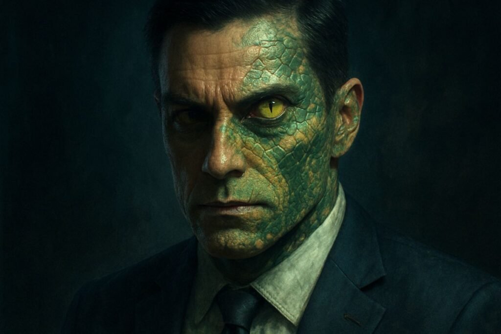 Uma representação do Reptiliano, com seu disfarce humano falhando e revelando a pele escamosa por baixo. A personificação da paranoia do poder oculto.