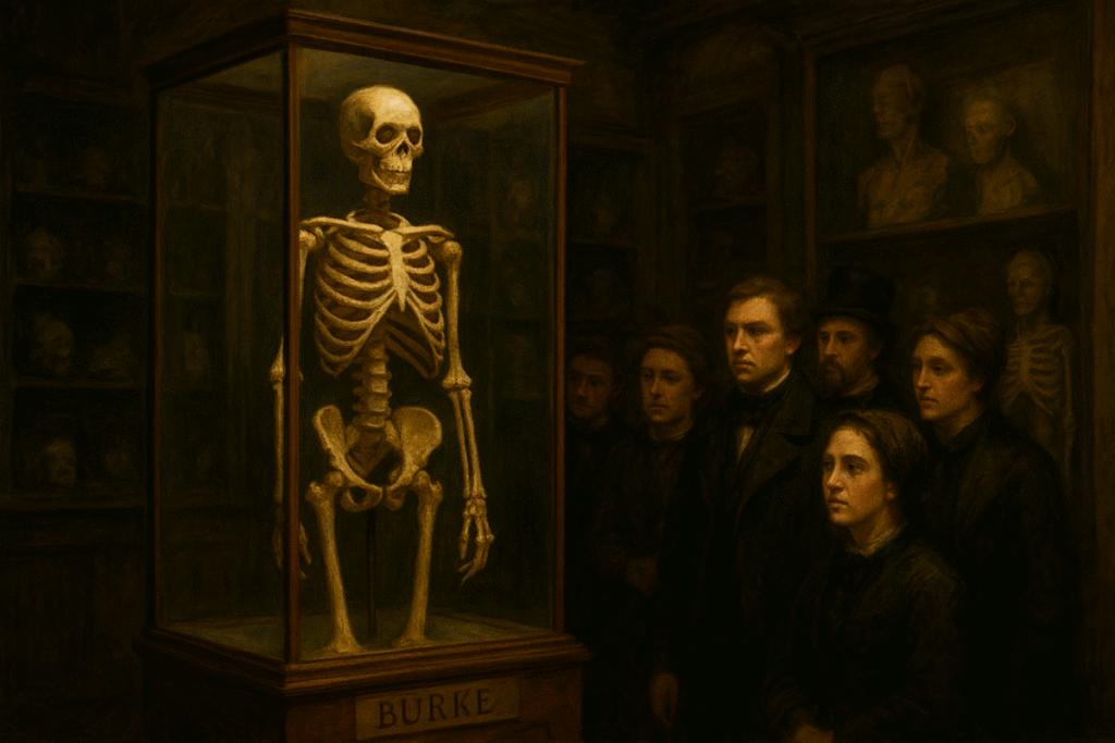 Justiça poética. Após ser executado, o corpo de William Burke foi entregue à ciência. Seu esqueleto, exibido em um museu, é o epílogo irônico da história.