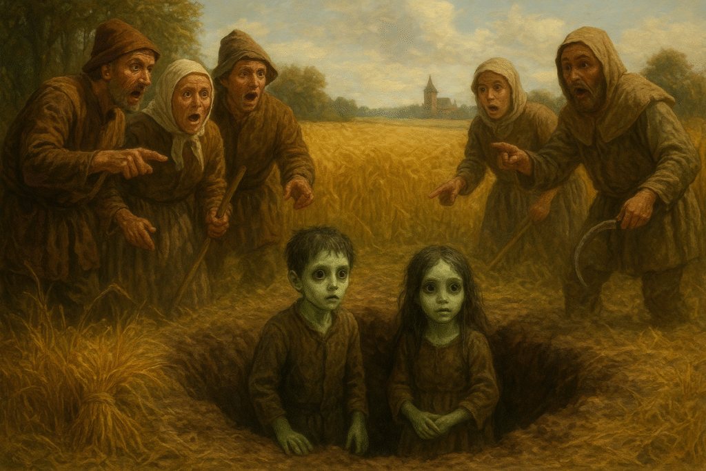 O dia em que a realidade se rasgou. Camponeses de Woolpit encontram as duas crianças misteriosas, um evento que seria registrado por cronistas e debatido por séculos.