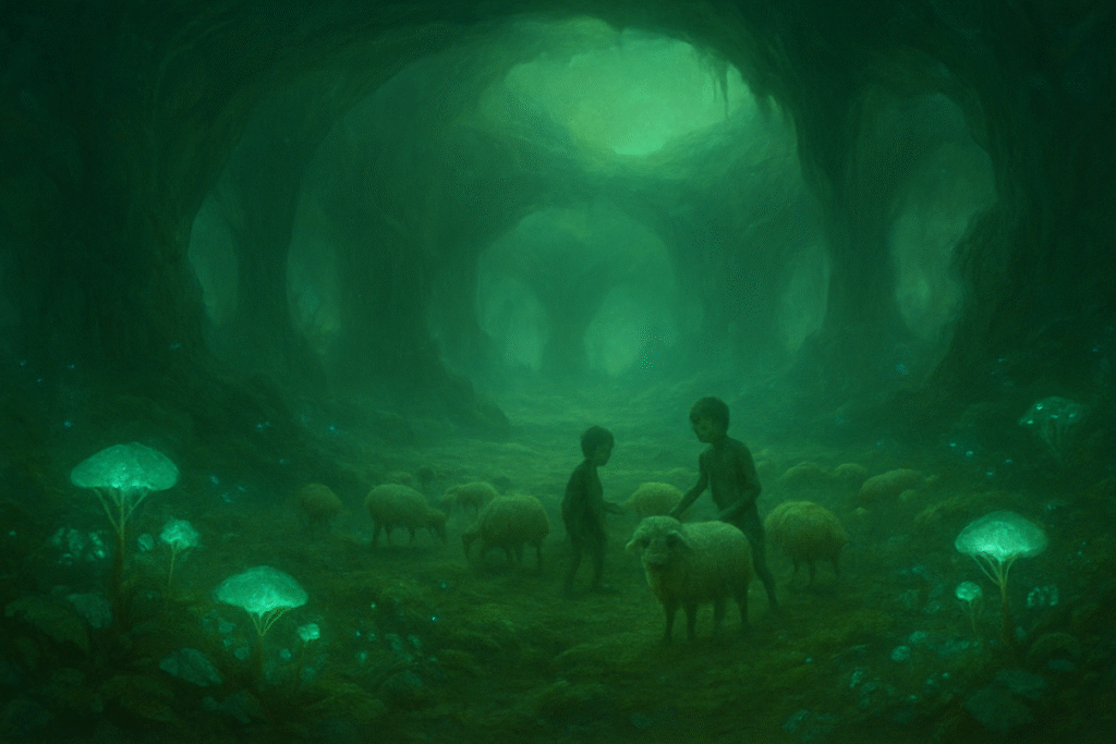 A 'Terra de São Martinho', como descrita por Agnes. Um mundo crepuscular e subterrâneo onde todos os habitantes tinham a pele verde.