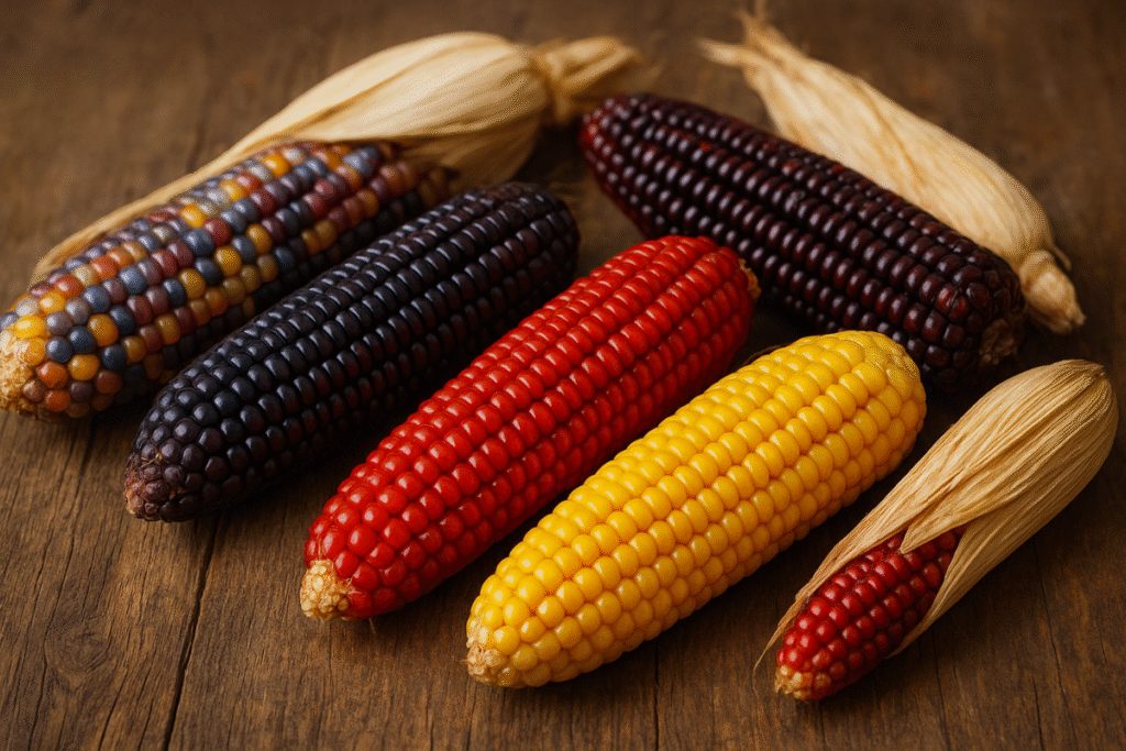 Um arco-íris na espiga. Uma das maiores curiosidades sobre o milho é sua incrível diversidade de cores, cada uma com sabores e propriedades nutricionais únicas.
