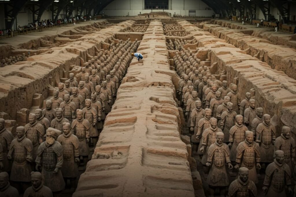 Um exército inteiro, pronto para a batalha na eternidade. A escala do Exército de Terracota é uma prova visual do poder e da obsessão do Primeiro Imperador.