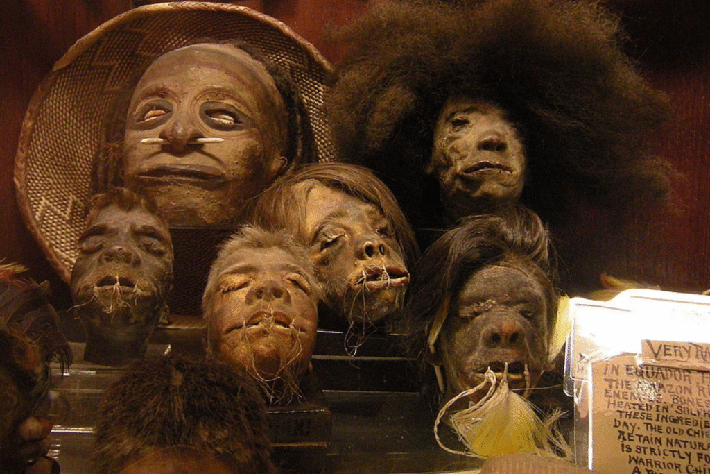De artefatos sagrados a curiosidades de museu. Coleções como esta, do 'Ripley's Believe It or Not!', mostram como as Tsantsas foram removidas de seu contexto espiritual e transformadas em objetos de fascínio macabro para o mundo ocidental.