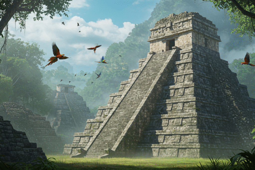Do outro lado do mundo, sem nenhum contato, os Maias também ergueram seus degraus para os deuses. Suas pirâmides eram templos, observatórios e palcos de rituais complexos.