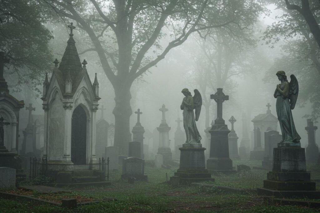 Os cemitérios vitorianos não eram apenas locais de enterro, mas 'jardins da morte', com anjos de pedra e mausoléus góticos que refletiam a beleza sombria da época.