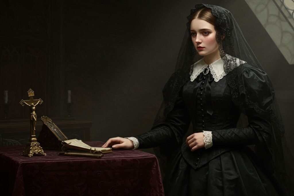 O véu preto, o vestido de crepe e a expressão solene. Esta imagem captura a essência dos Rituais Funerários Vitorianos, onde o luto era uma arte pública com regras rígidas.