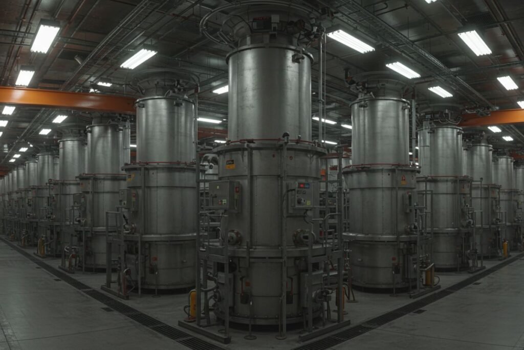 O coração do processo nuclear: fileiras de ultracentrífugas de gás girando a velocidades supersônicas para separar os isótopos e criar o Urânio enriquecido.