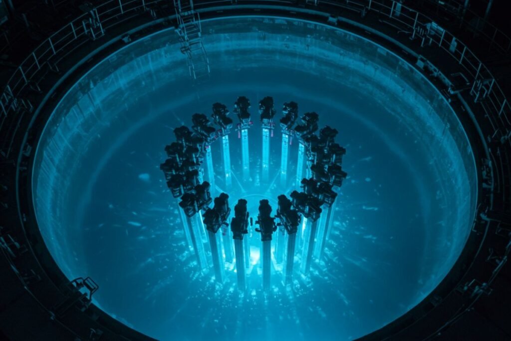 A beleza perigosa do átomo. O brilho azul intenso, conhecido como radiação Cherenkov, é a assinatura visual do imenso poder sendo liberado e controlado no coração de um reator nuclear.